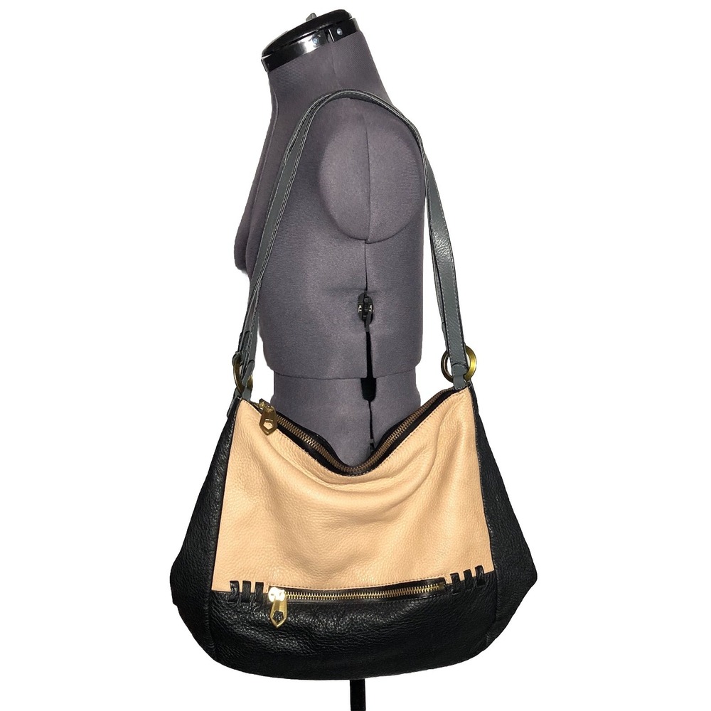 OrYany Leather Backpack Shoulder Bag Purse Black Tan Colorblock Boho Pebbled - Picture 2 of 14